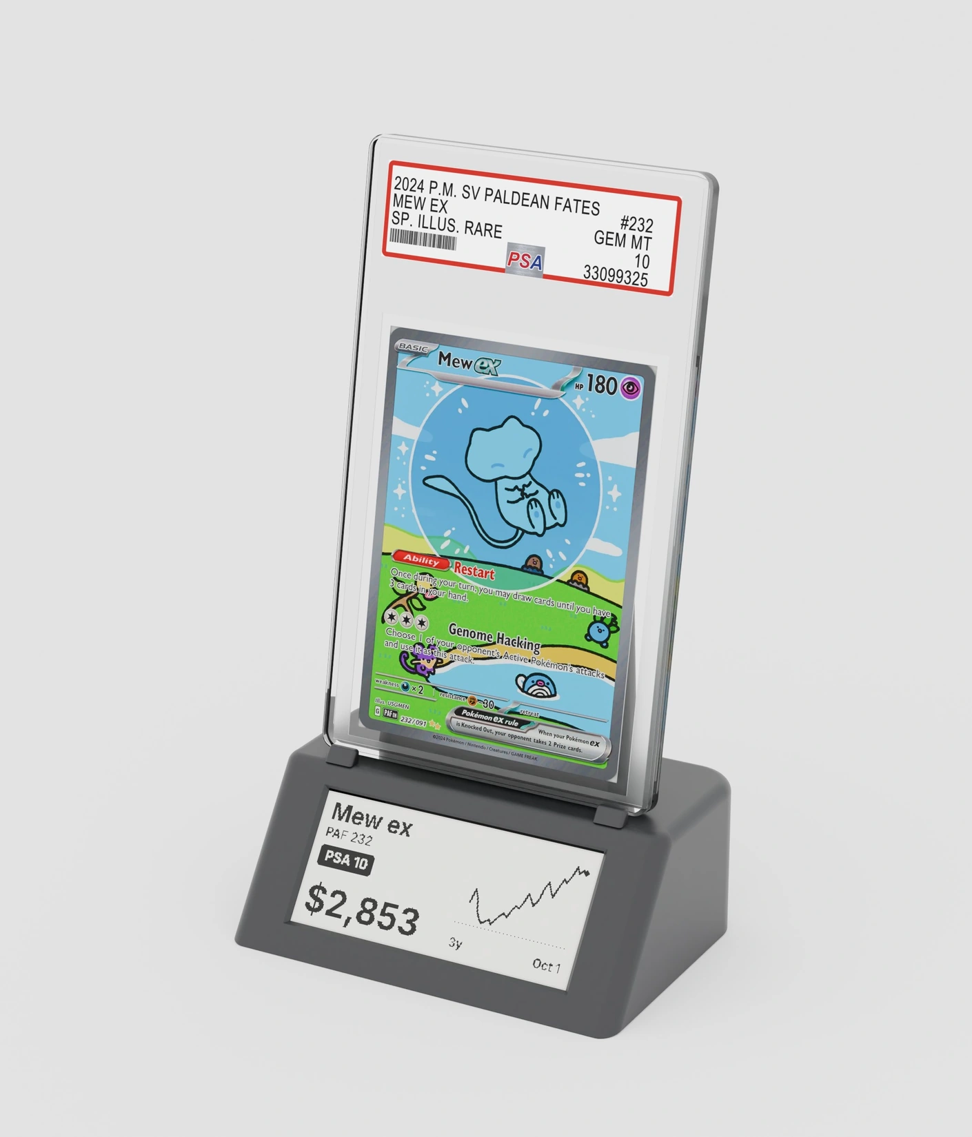 Gradient, a small black stand with an e-ink screen, holding a graded card