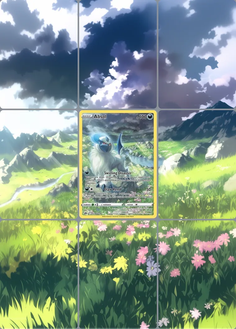 Absol GG16/GG70 extended binder art: the card in the centre of a 3×3 binder page, its artwork continuing across the eight cards around it
