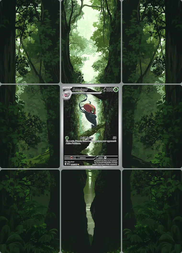 Accelgor 94/86 extended binder art: the card in the centre of a 3×3 binder page, its artwork continuing across the eight cards around it