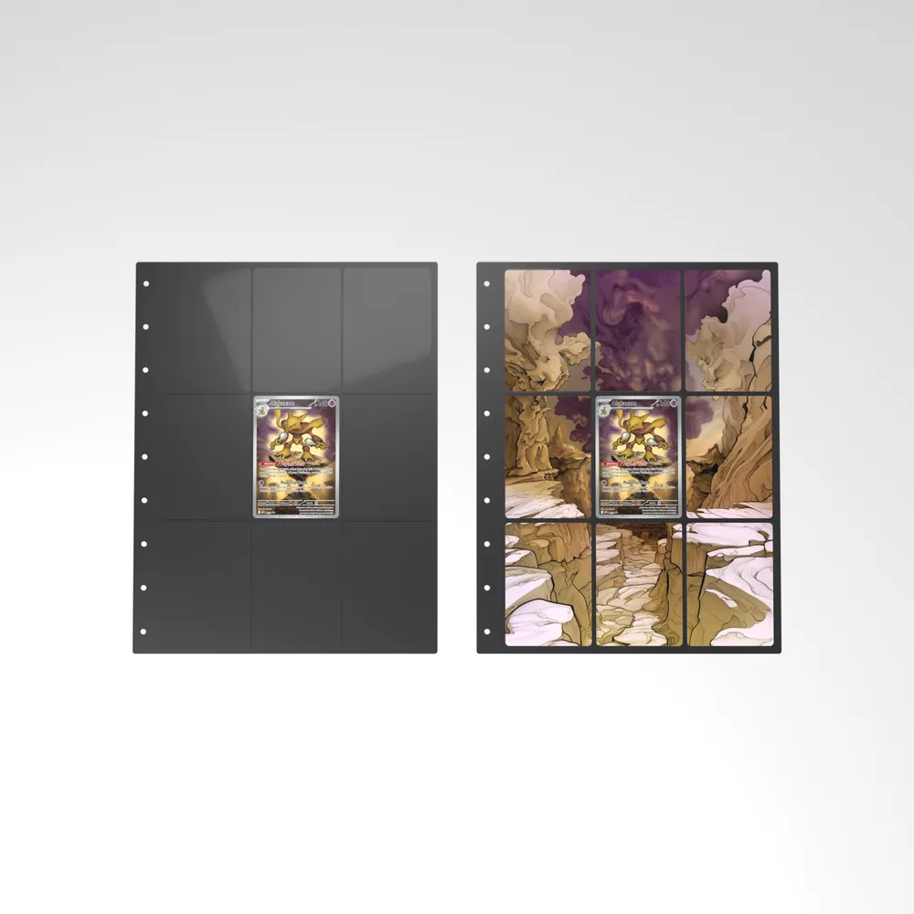 Before and after: the Alakazam card alone in an empty binder page, then surrounded by its eight extended-art cards
