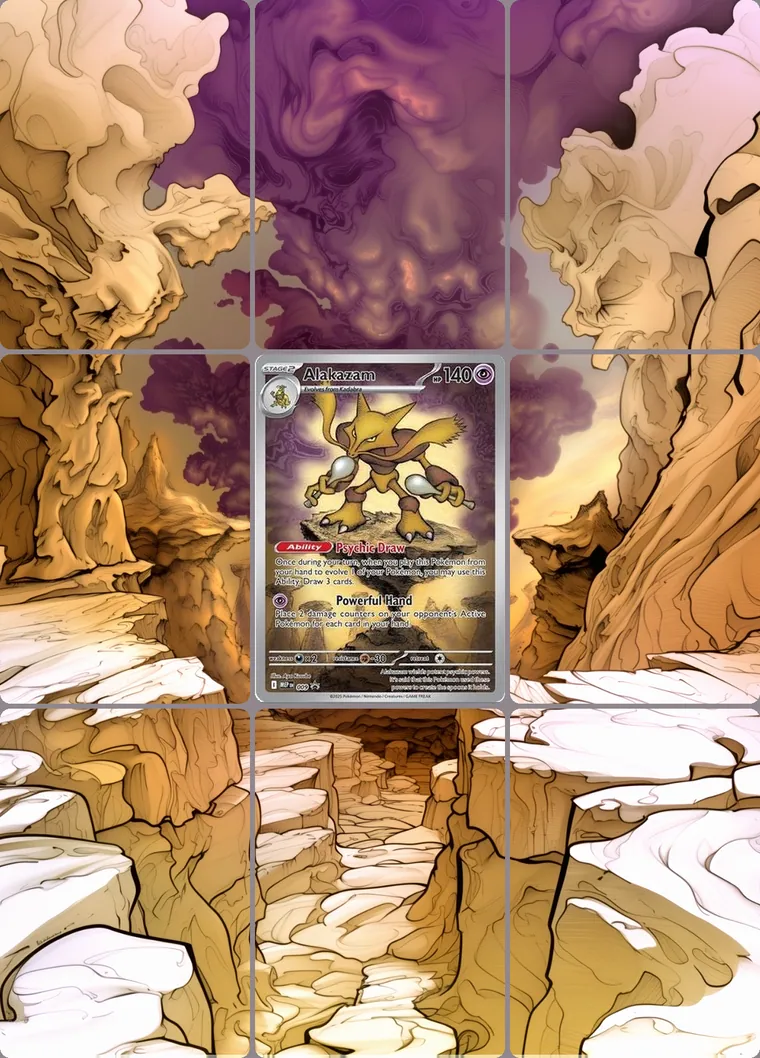 Alakazam 9 extended binder art: the card in the centre of a 3×3 binder page, its artwork continuing across the eight cards around it