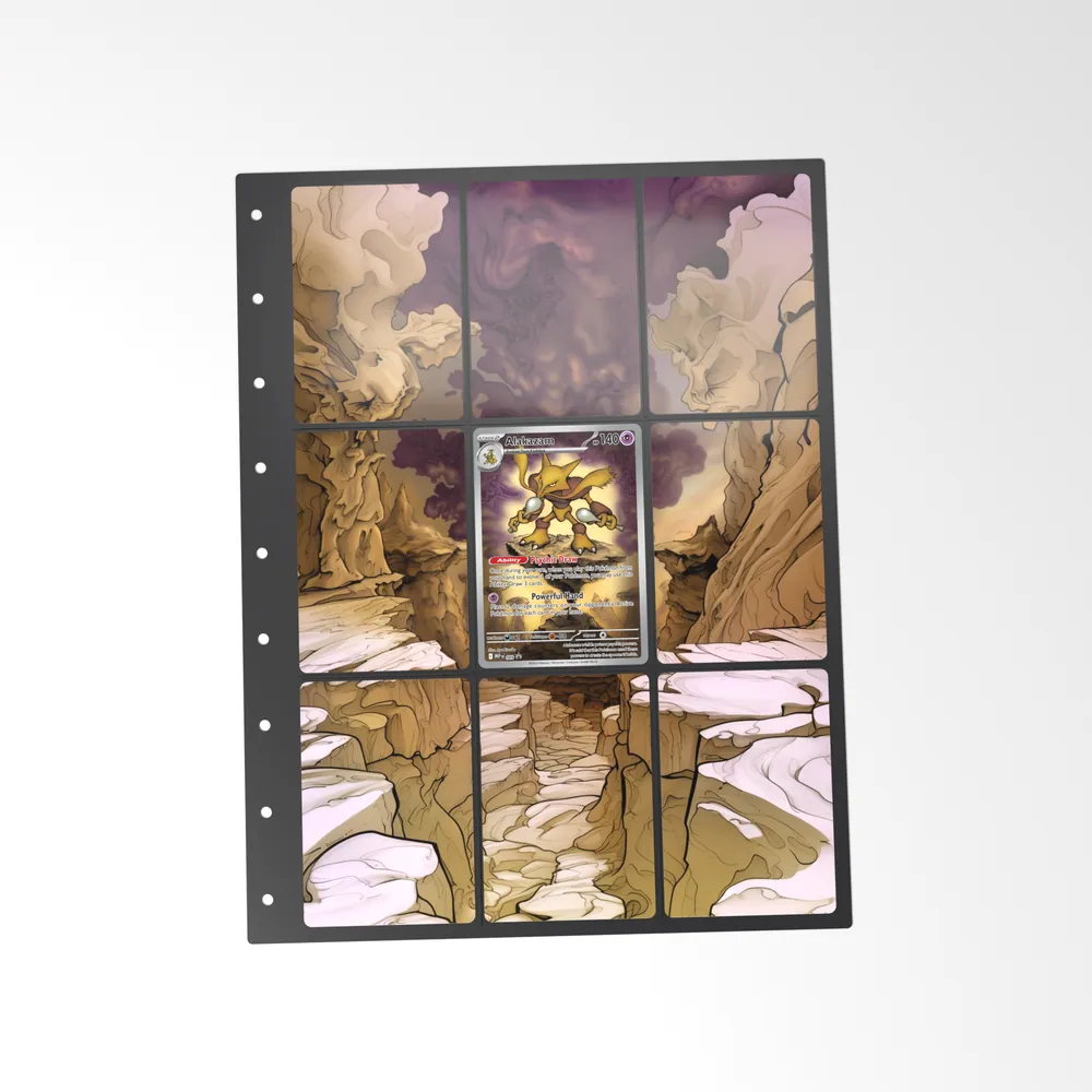 The printed Alakazam 9 set in a 9-pocket binder page, with the card in the centre pocket