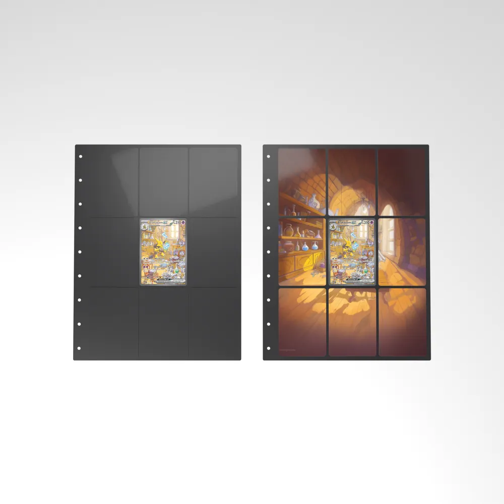 Before and after: the Alakazam ex card alone in an empty binder page, then surrounded by its eight extended-art cards