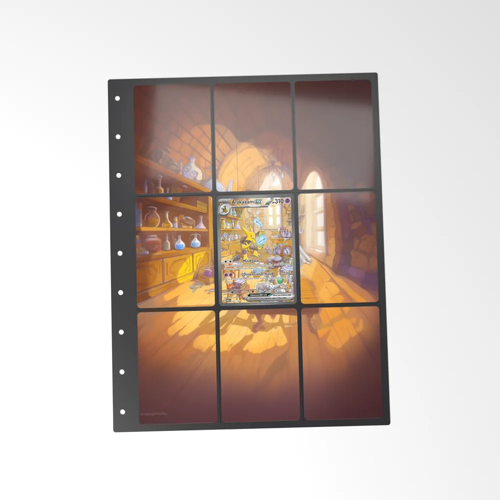 The printed Alakazam ex 201/165 set in a 9-pocket binder page, with the card in the centre pocket