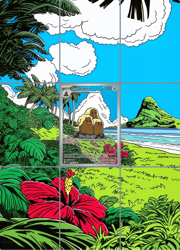 Alolan Dugtrio 208/191 extended binder art: the card in the centre of a 3×3 binder page, its artwork continuing across the eight cards around it