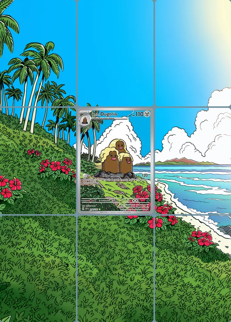 Alolan Dugtrio 208/191 extended binder art: the card in the centre of a 3×3 binder page, its artwork continuing across the eight cards around it