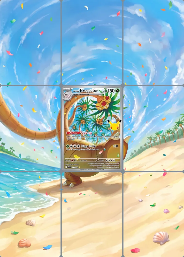 Alolan Exeggutor 129/128 extended binder art: the card in the centre of a 3×3 binder page, its artwork continuing across the eight cards around it