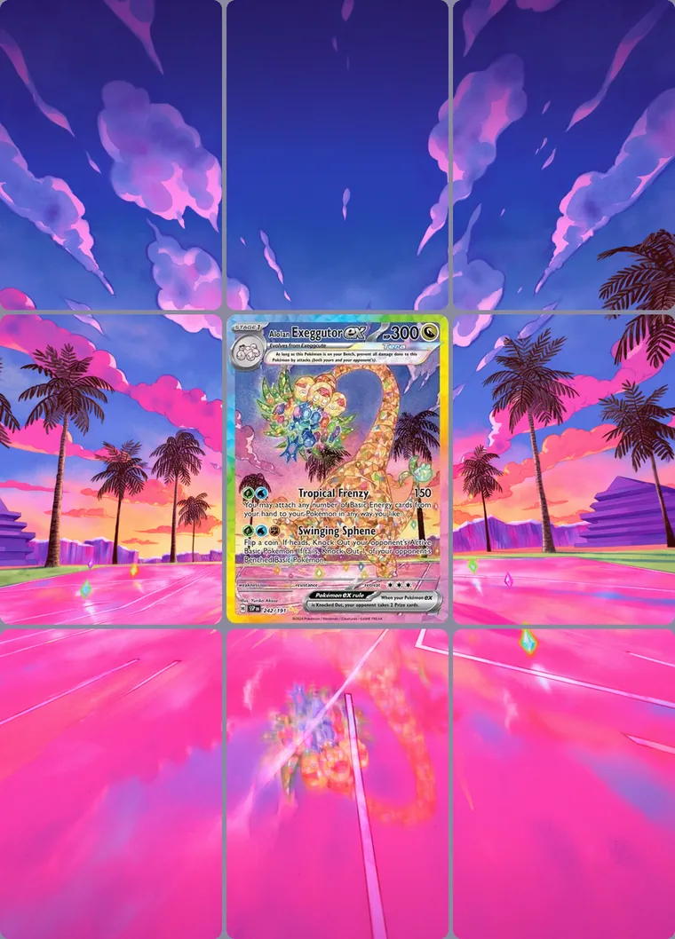 Alolan Exeggutor ex 242/191 extended binder art: the card in the centre of a 3×3 binder page, its artwork continuing across the eight cards around it