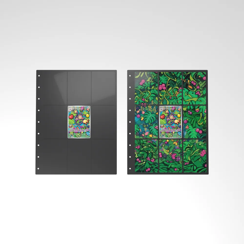 Before and after: the Ambipom card alone in an empty binder page, then surrounded by its eight extended-art cards