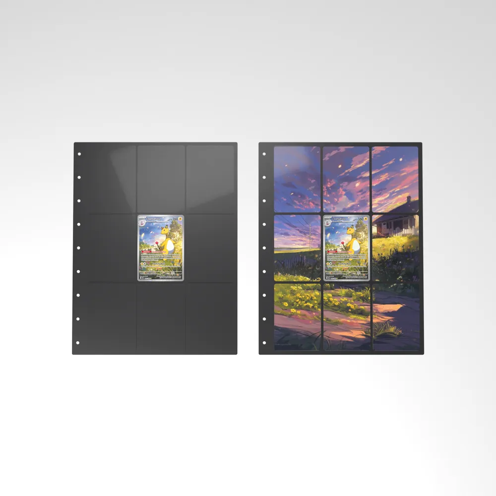 Before and after: the Ampharos card alone in an empty binder page, then surrounded by its eight extended-art cards