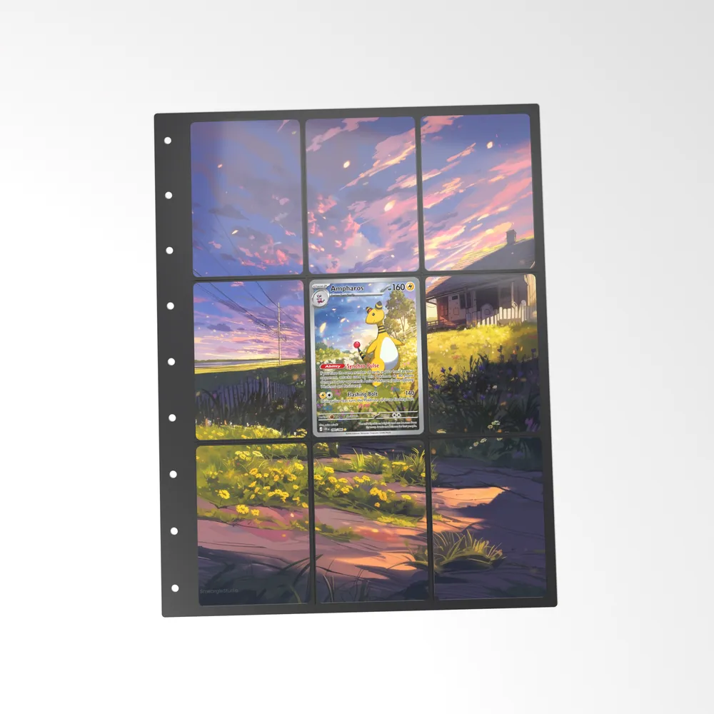 The printed Ampharos 90/86 set in a 9-pocket binder page, with the card in the centre pocket