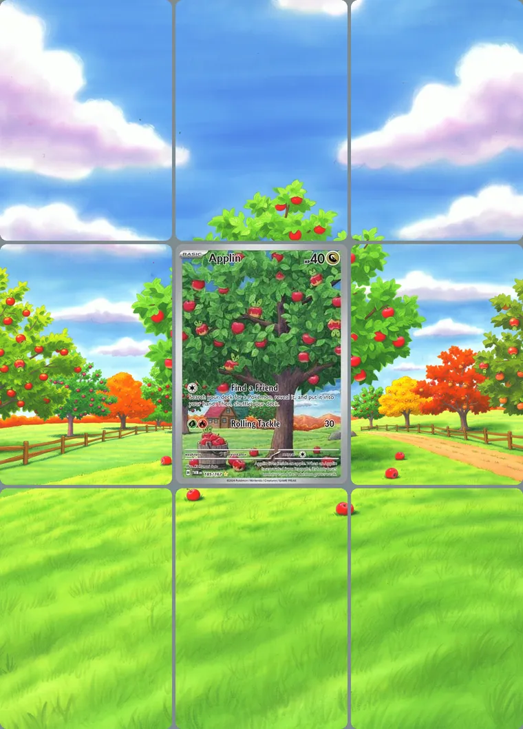 Applin 185/167 extended binder art: the card in the centre of a 3×3 binder page, its artwork continuing across the eight cards around it