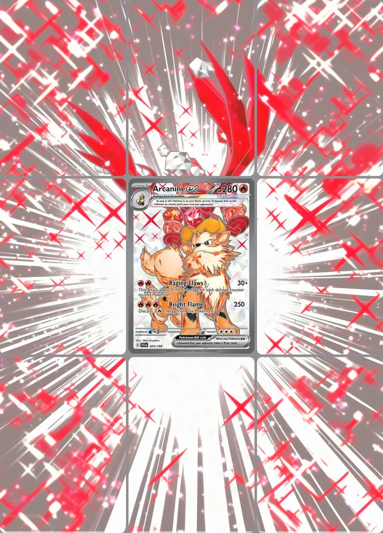 Arcanine ex 224/198 extended binder art: the card in the centre of a 3×3 binder page, its artwork continuing across the eight cards around it