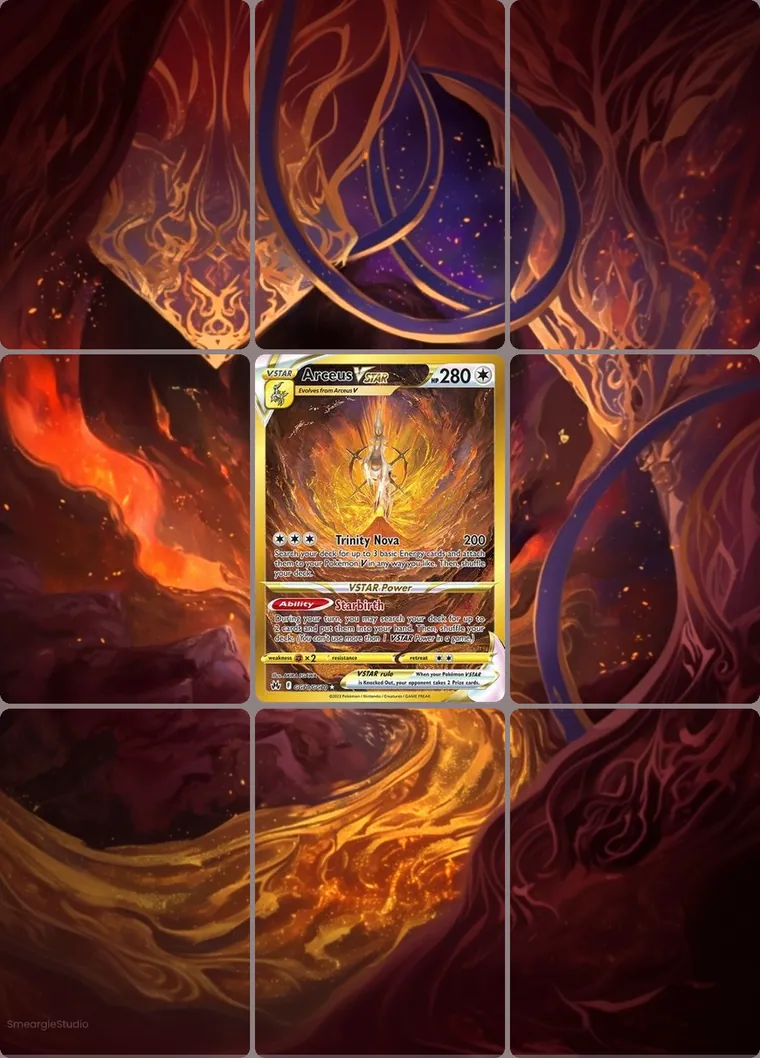 Arceus VSTAR GG70/GG70 extended binder art: the card in the centre of a 3×3 binder page, its artwork continuing across the eight cards around it