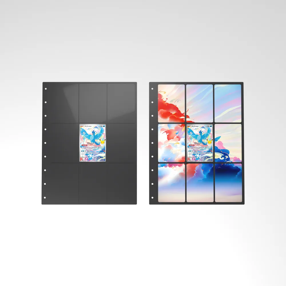 Before and after: the Articuno card alone in an empty binder page, then surrounded by its eight extended-art cards