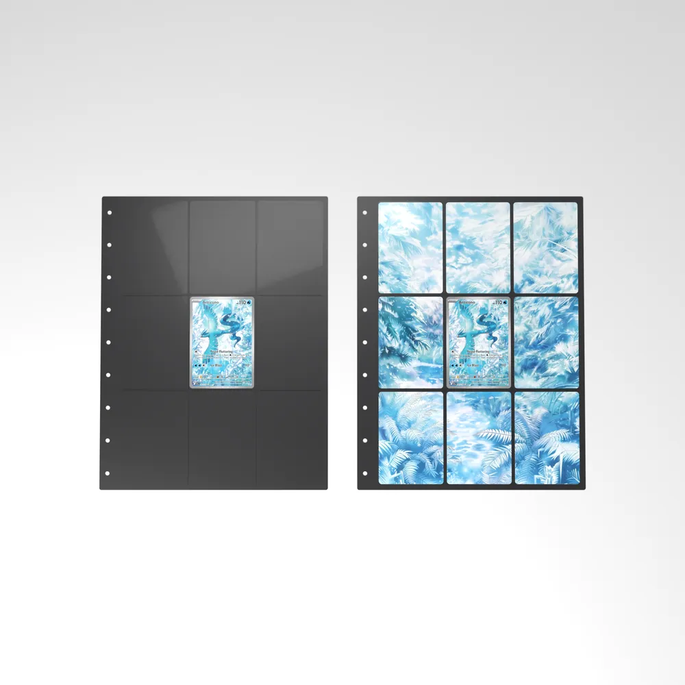 Before and after: the Articuno card alone in an empty binder page, then surrounded by its eight extended-art cards