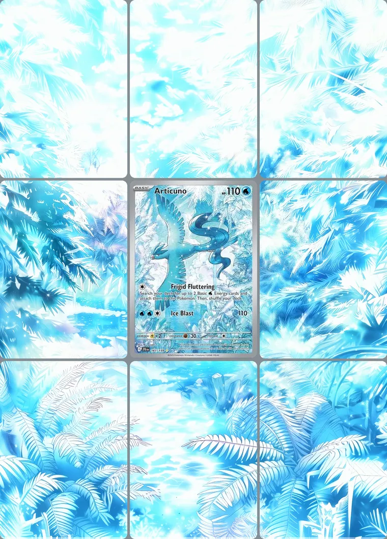 Articuno 161/159 extended binder art: the card in the centre of a 3×3 binder page, its artwork continuing across the eight cards around it