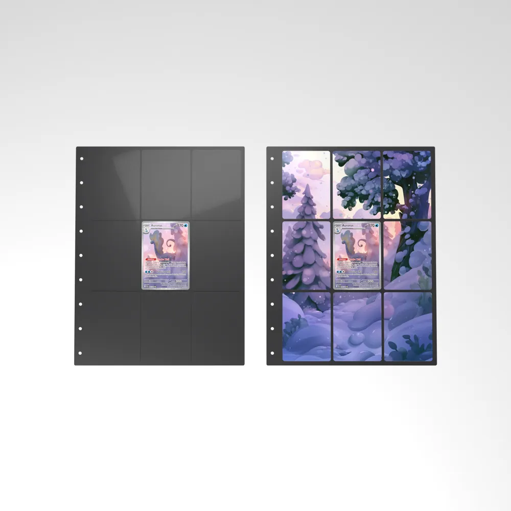 Before and after: the Aurorus card alone in an empty binder page, then surrounded by its eight extended-art cards