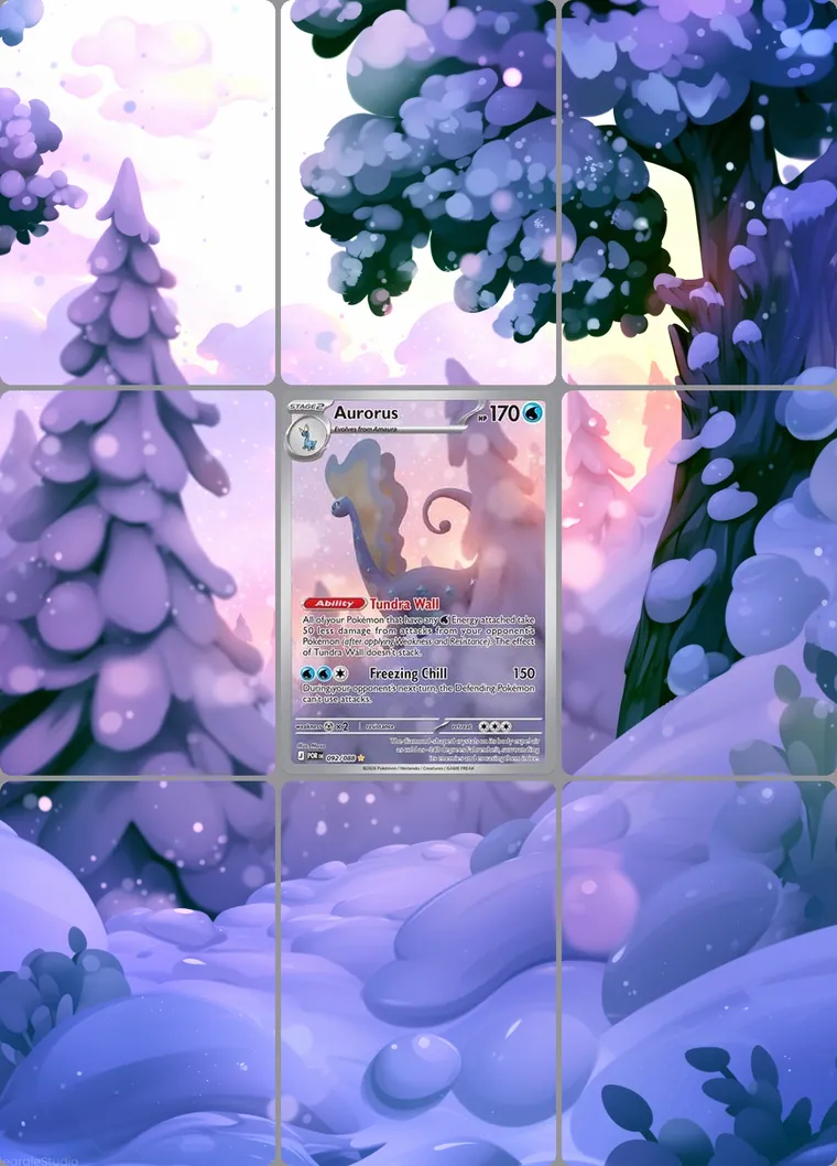 Aurorus 92/88 extended binder art: the card in the centre of a 3×3 binder page, its artwork continuing across the eight cards around it