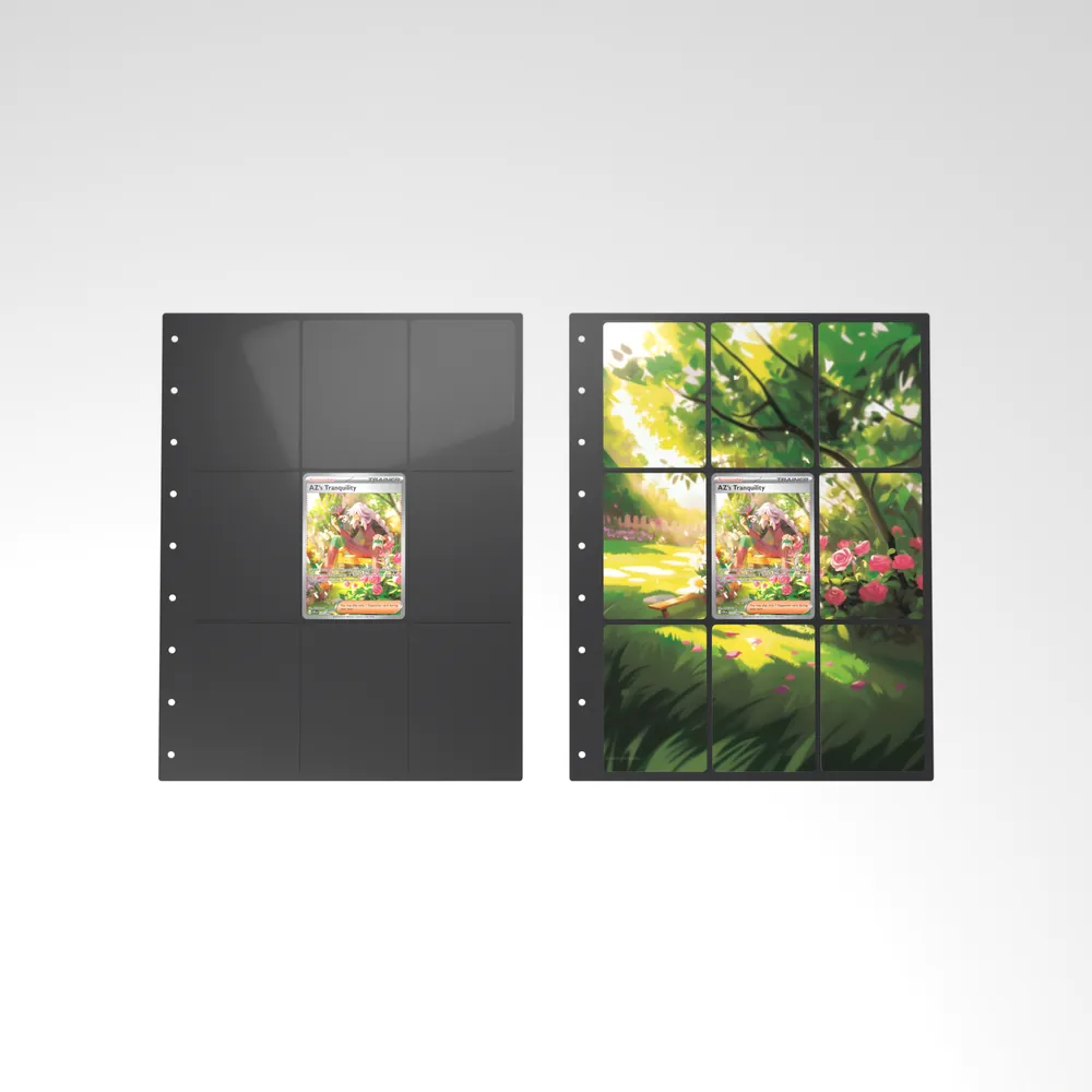 Before and after: the AZ's Tranquility card alone in an empty binder page, then surrounded by its eight extended-art cards