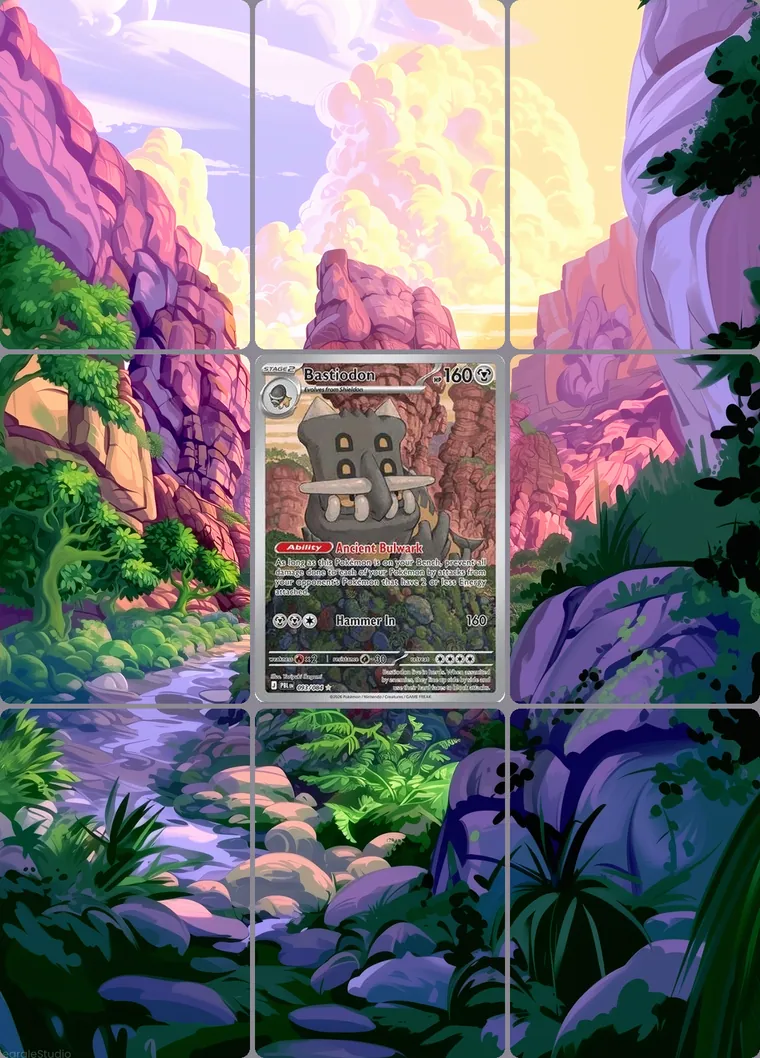 Bastiodon 93/84 extended binder art: the card in the centre of a 3×3 binder page, its artwork continuing across the eight cards around it