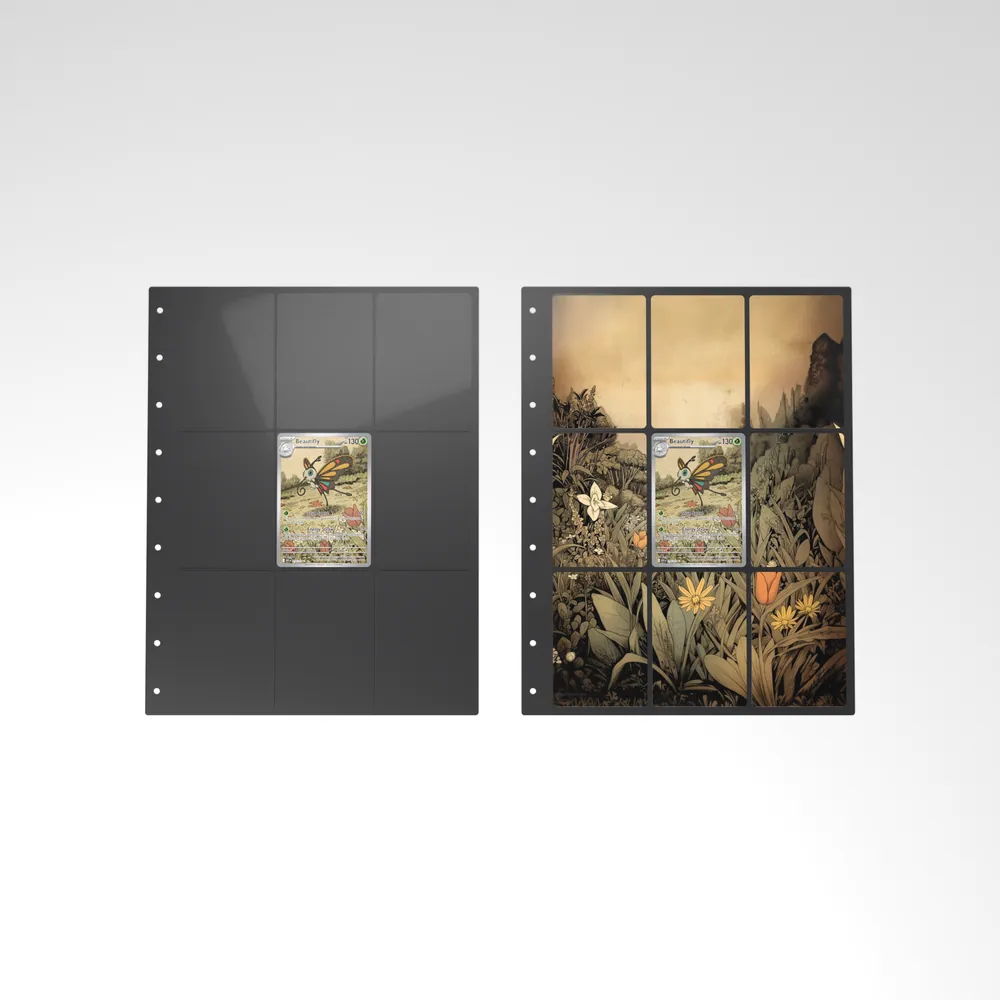 Before and after: the Beautifly card alone in an empty binder page, then surrounded by its eight extended-art cards