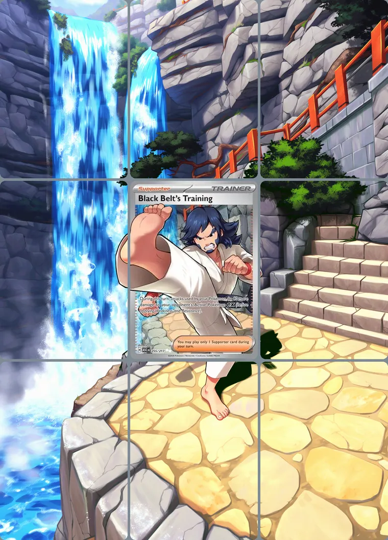 Black Belt's Training 255/217 extended binder art: the card in the centre of a 3×3 binder page, its artwork continuing across the eight cards around it