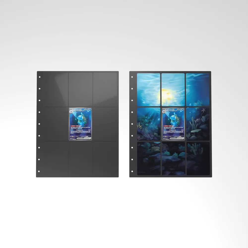 Before and after: the Blastoise ex card alone in an empty binder page, then surrounded by its eight extended-art cards