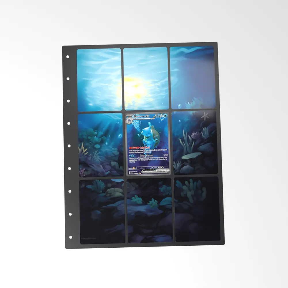 The printed Blastoise ex 200/165 set in a 9-pocket binder page, with the card in the centre pocket