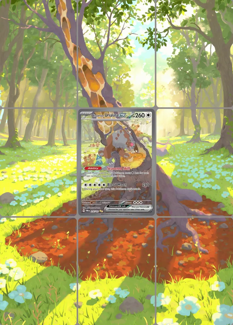 Bloodmoon Ursaluna ex 216/167 extended binder art: the card in the centre of a 3×3 binder page, its artwork continuing across the eight cards around it