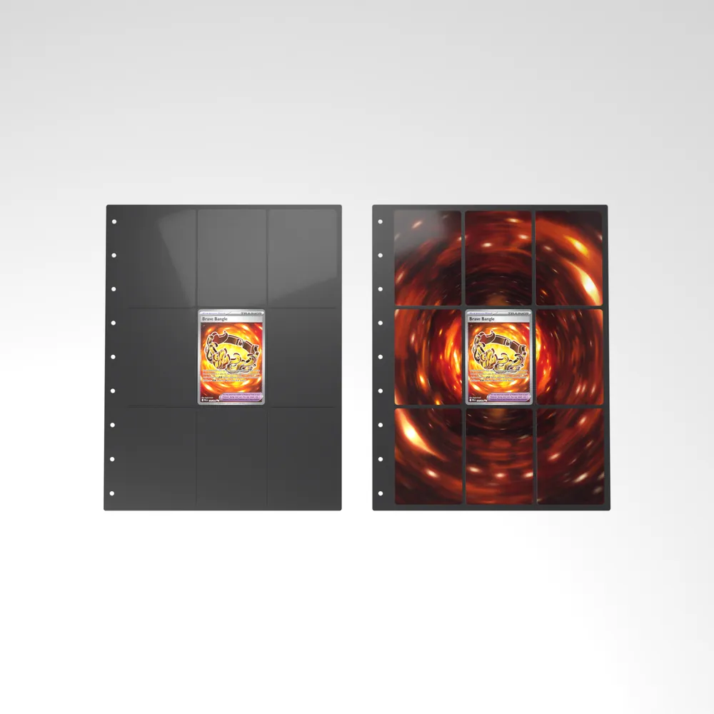 Before and after: the Brave Bangle card alone in an empty binder page, then surrounded by its eight extended-art cards