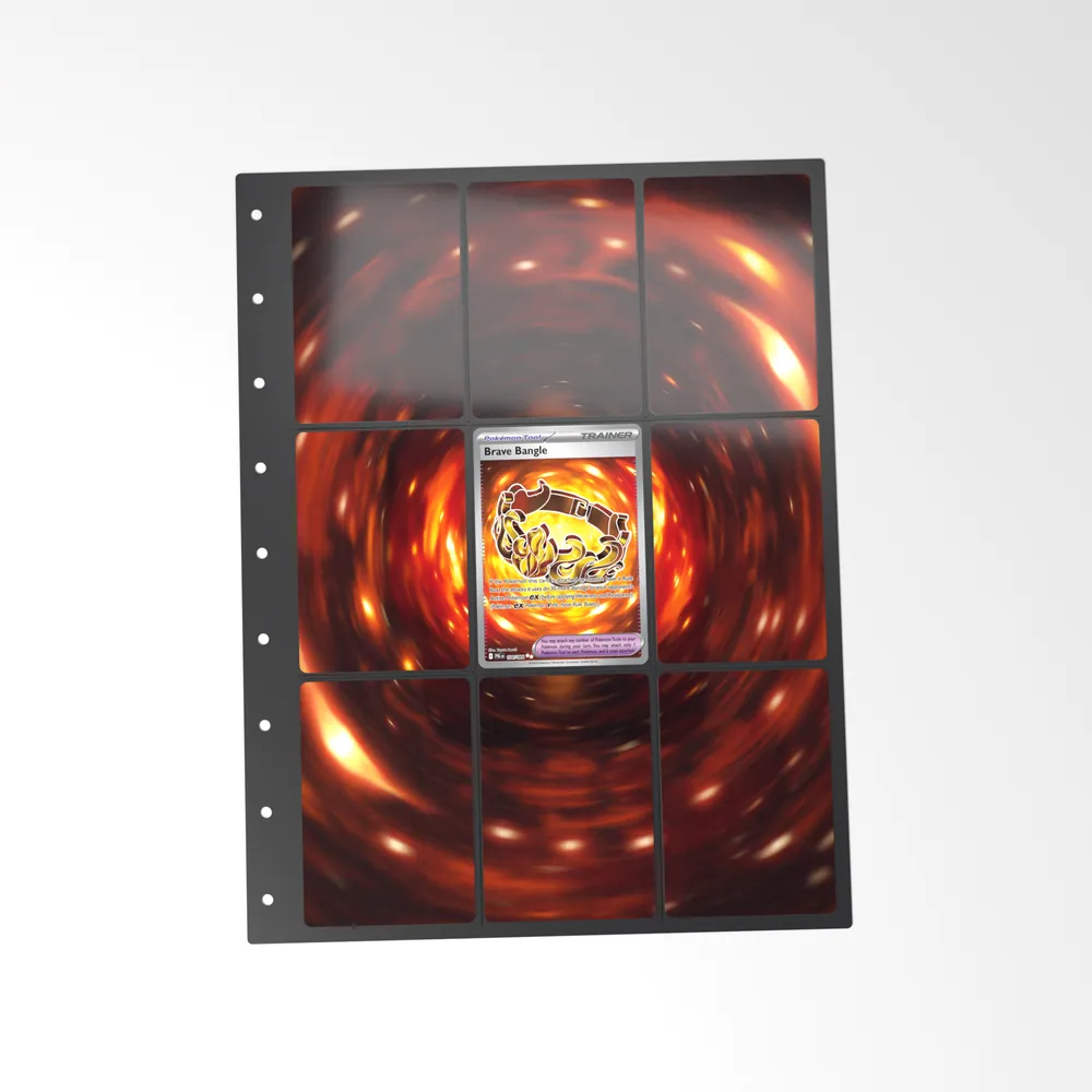 The printed Brave Bangle 104 set in a 9-pocket binder page, with the card in the centre pocket