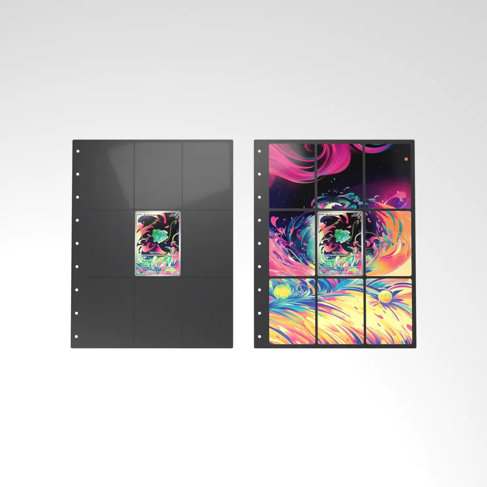 Before and after: the Bulbasaur card alone in an empty binder page, then surrounded by its eight extended-art cards