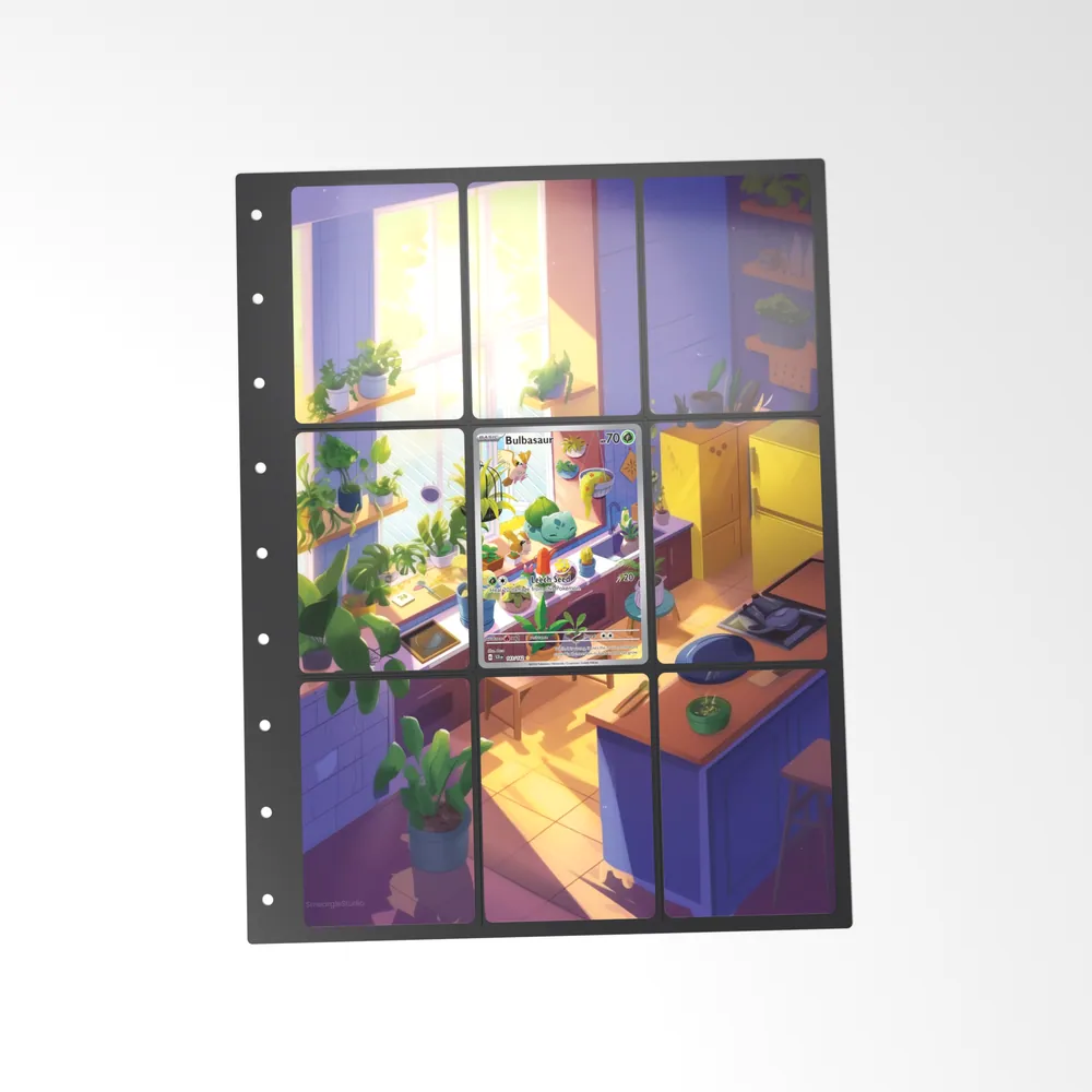 The printed Bulbasaur 143/142 set in a 9-pocket binder page, with the card in the centre pocket