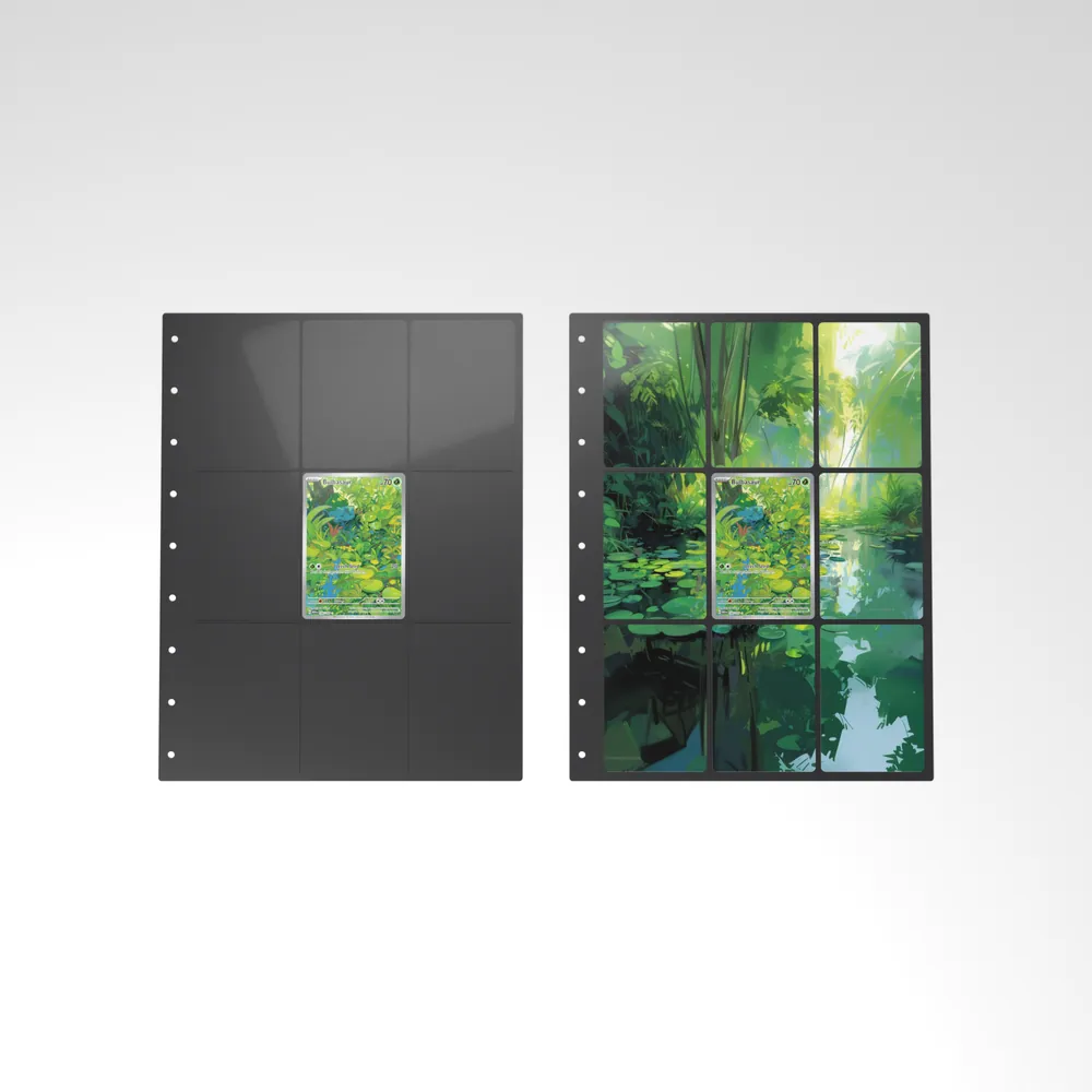 Before and after: the Bulbasaur card alone in an empty binder page, then surrounded by its eight extended-art cards