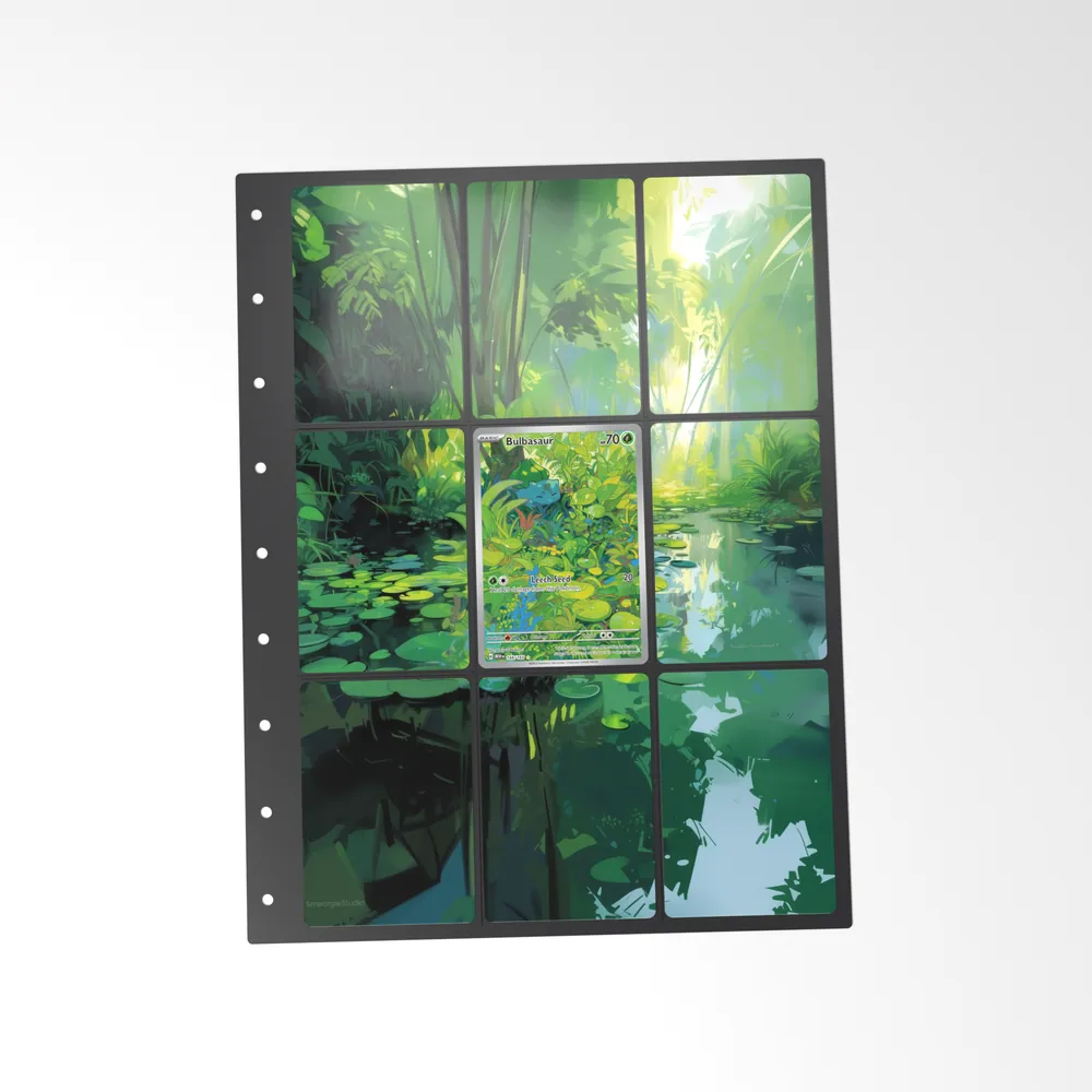 The printed Bulbasaur 166/165 set in a 9-pocket binder page, with the card in the centre pocket