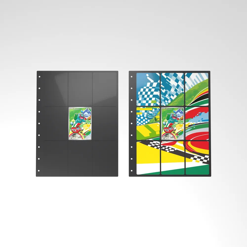 Before and after: the Bulbasaur card alone in an empty binder page, then surrounded by its eight extended-art cards