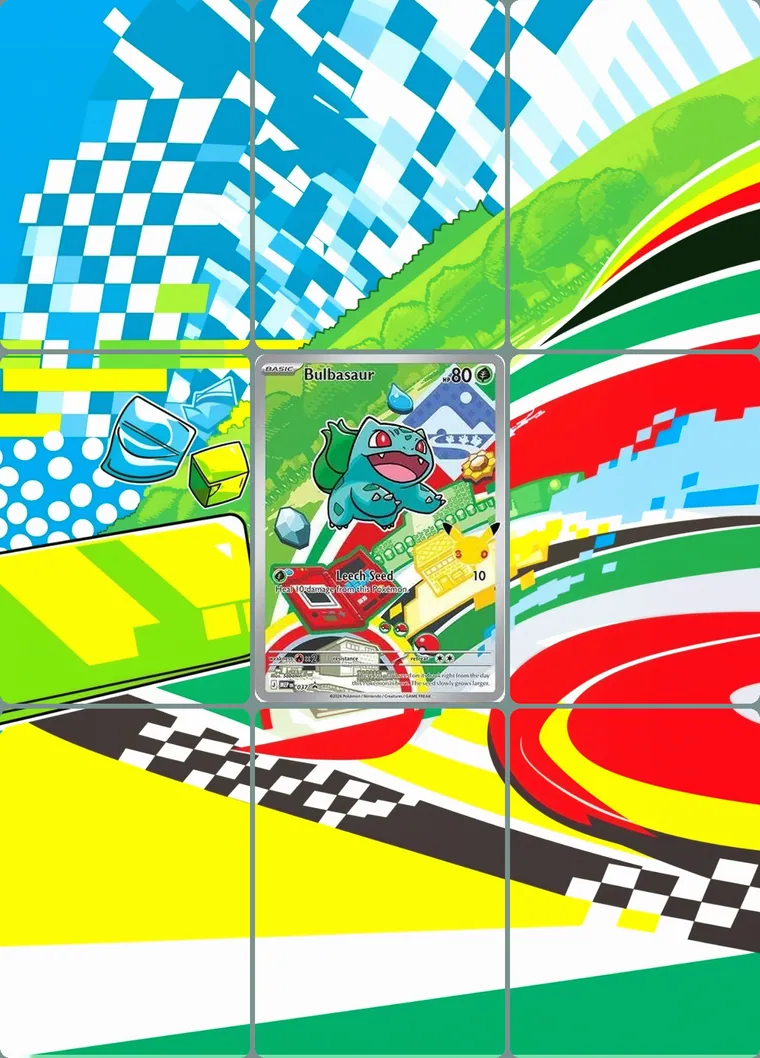 Bulbasaur 37 extended binder art: the card in the centre of a 3×3 binder page, its artwork continuing across the eight cards around it