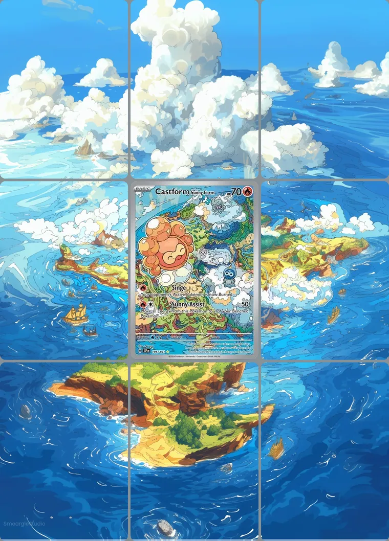 Castform Sunny Form 195/191 extended binder art: the card in the centre of a 3×3 binder page, its artwork continuing across the eight cards around it