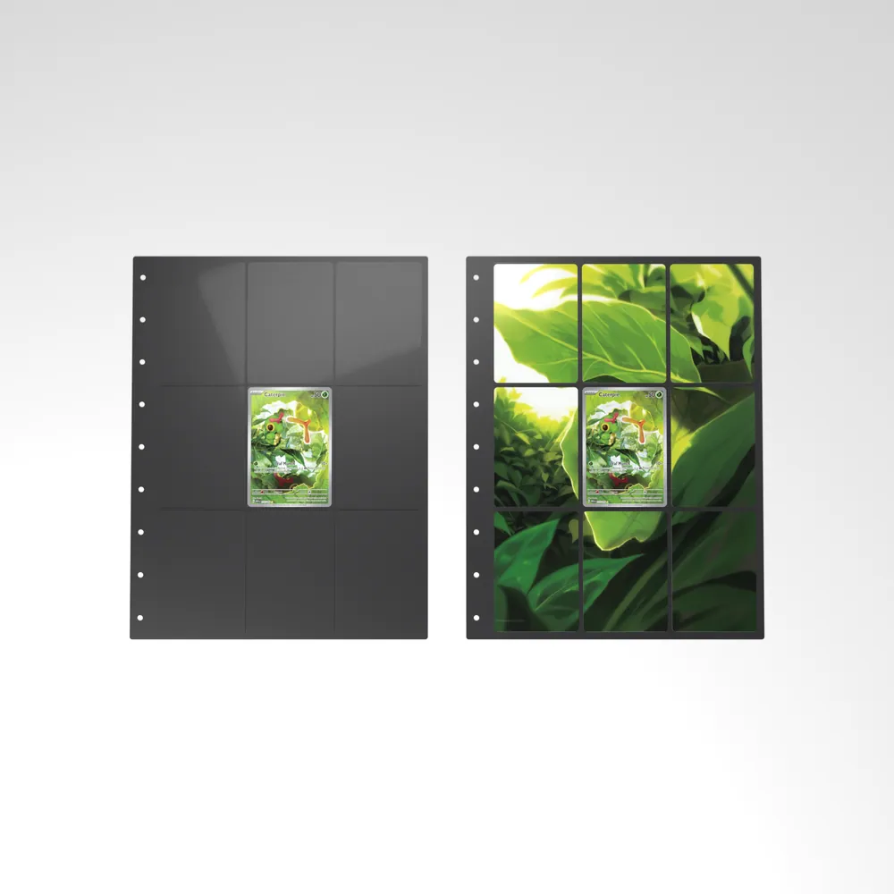 Before and after: the Caterpie card alone in an empty binder page, then surrounded by its eight extended-art cards