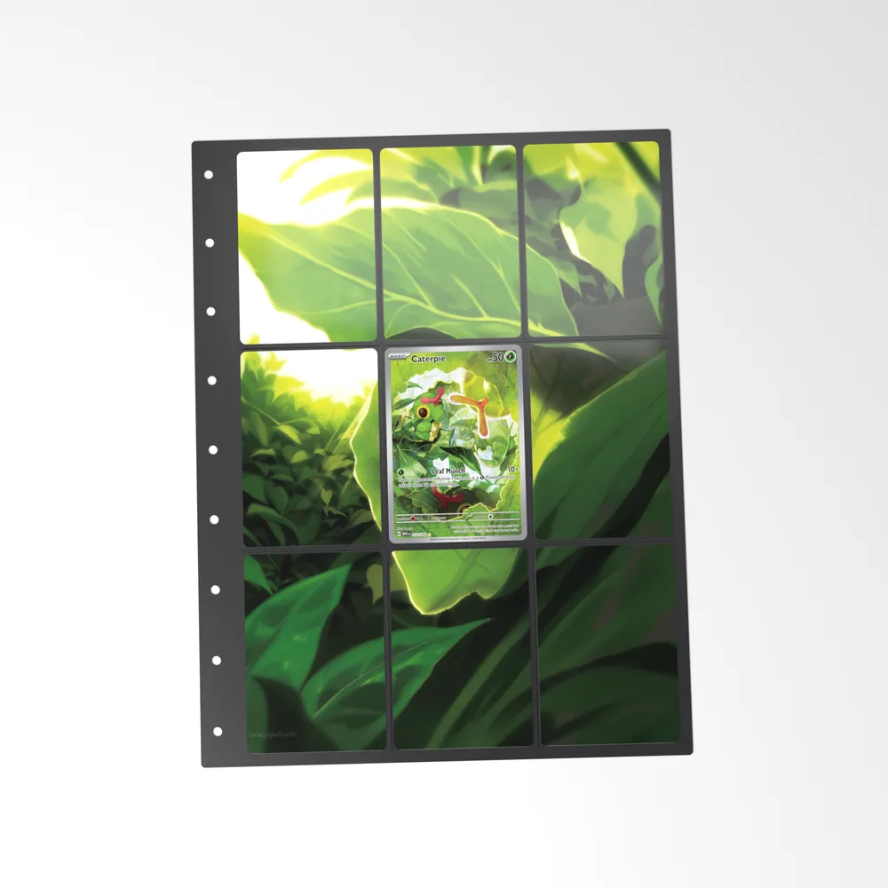 The printed Caterpie 172/165 set in a 9-pocket binder page, with the card in the centre pocket