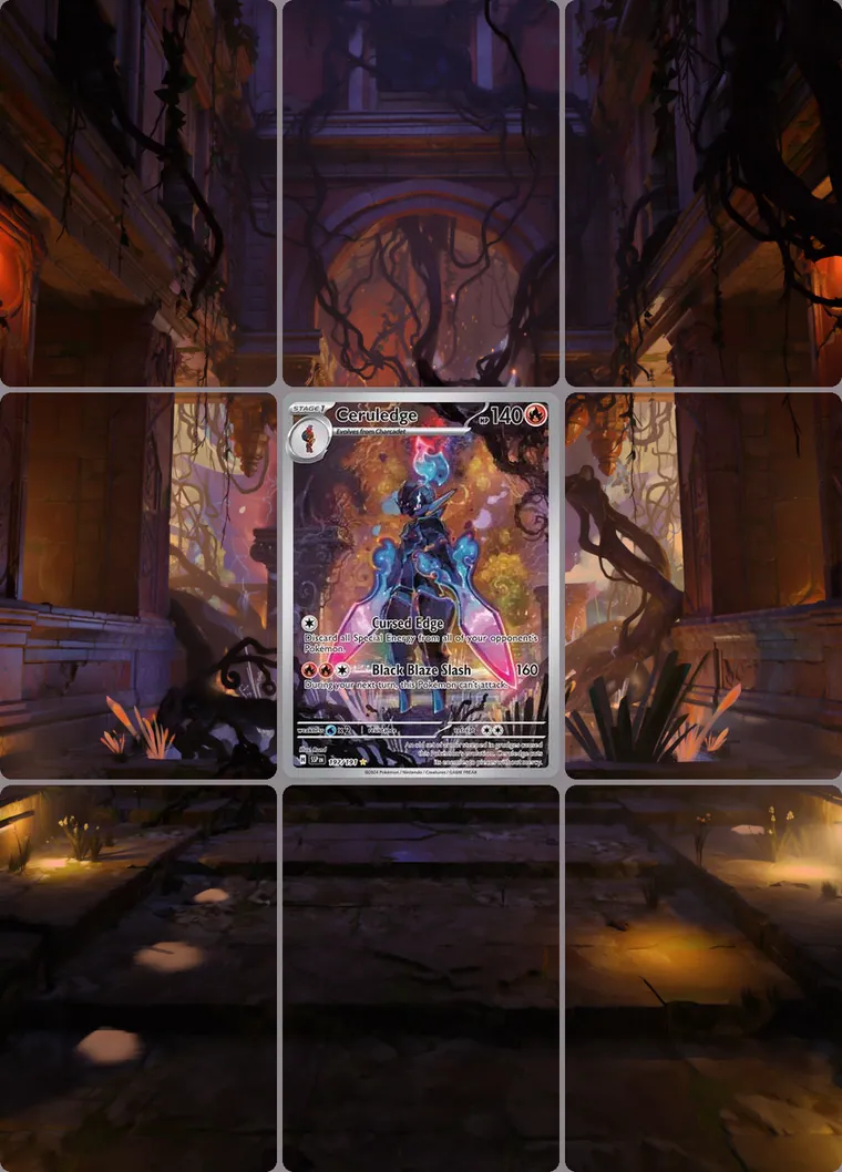 Ceruledge 197 extended binder art: the card in the centre of a 3×3 binder page, its artwork continuing across the eight cards around it