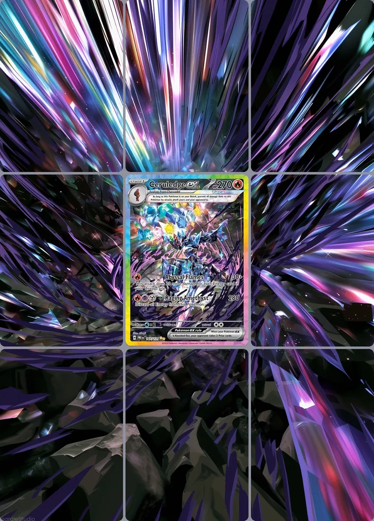 Ceruledge ex 147/131 extended binder art: the card in the centre of a 3×3 binder page, its artwork continuing across the eight cards around it