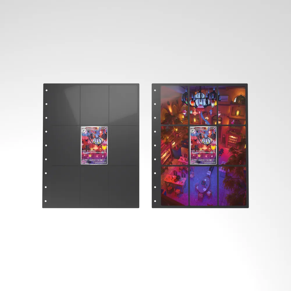 Before and after: the Chandelure card alone in an empty binder page, then surrounded by its eight extended-art cards