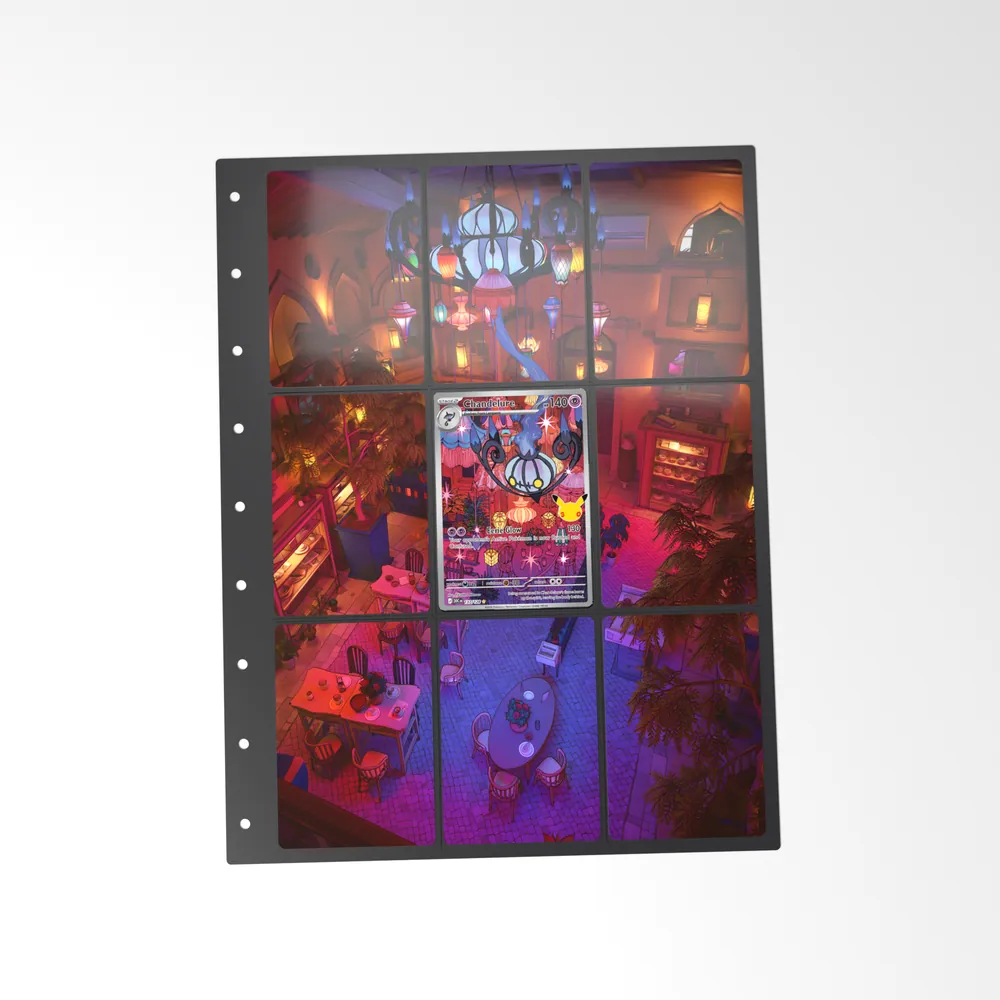 The printed Chandelure 137/128 set in a 9-pocket binder page, with the card in the centre pocket
