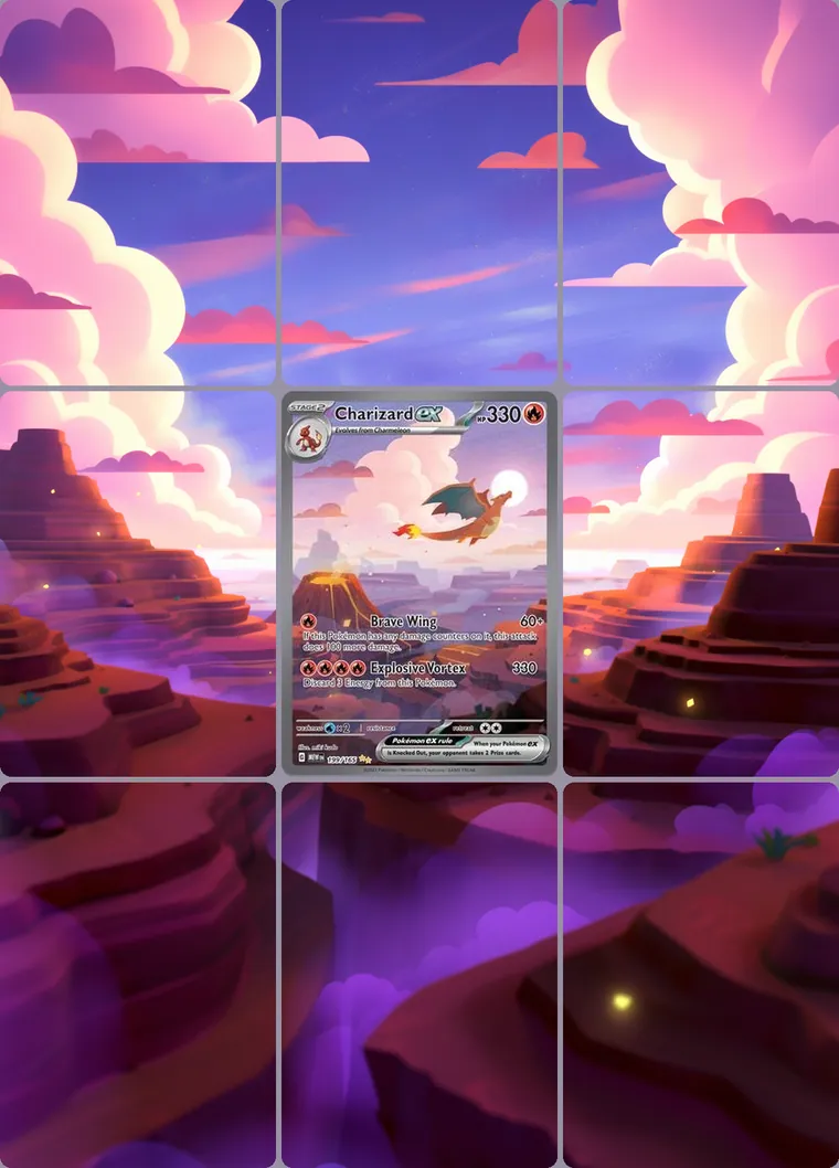 Charizard ex 199/165 extended binder art: the card in the centre of a 3×3 binder page, its artwork continuing across the eight cards around it