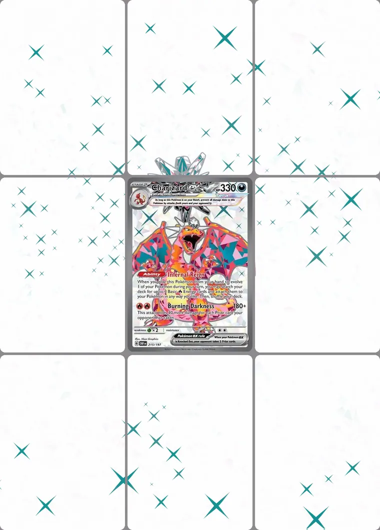 Charizard ex 215/197 extended binder art: the card in the centre of a 3×3 binder page, its artwork continuing across the eight cards around it