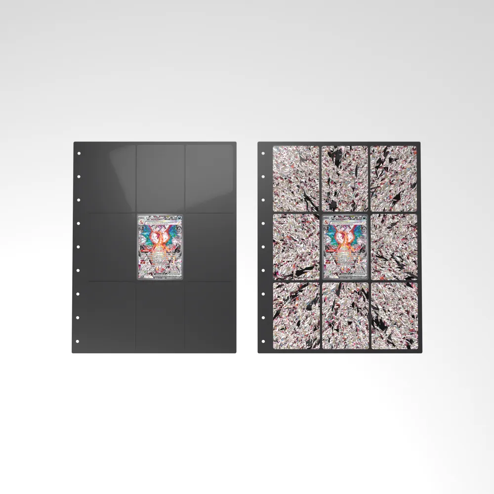 Before and after: the Charizard ex card alone in an empty binder page, then surrounded by its eight extended-art cards