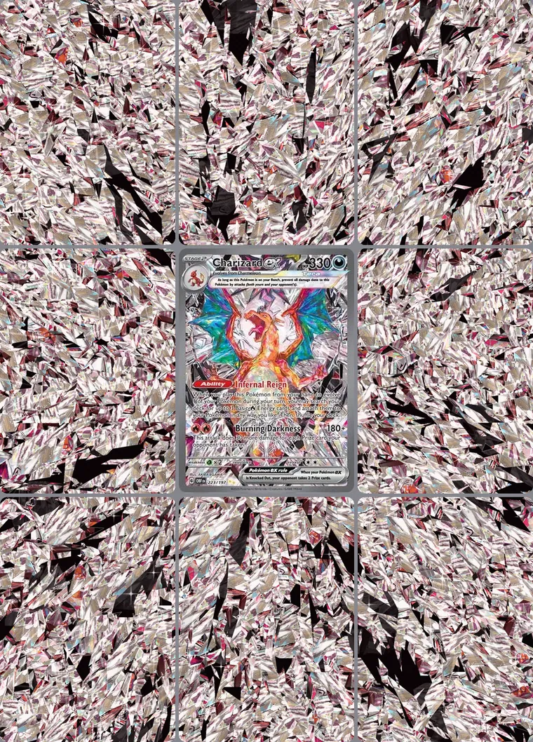 Charizard ex 223/197 extended binder art: the card in the centre of a 3×3 binder page, its artwork continuing across the eight cards around it