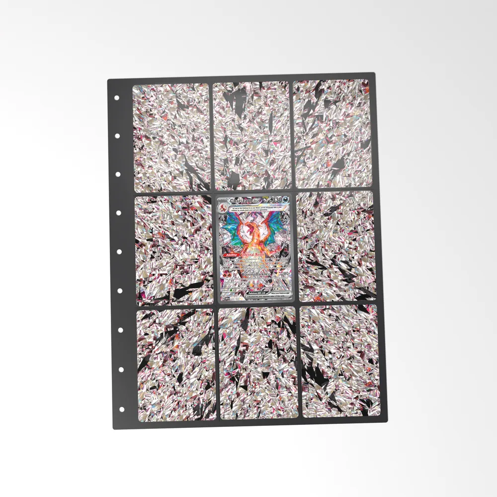 The printed Charizard ex 223/197 set in a 9-pocket binder page, with the card in the centre pocket